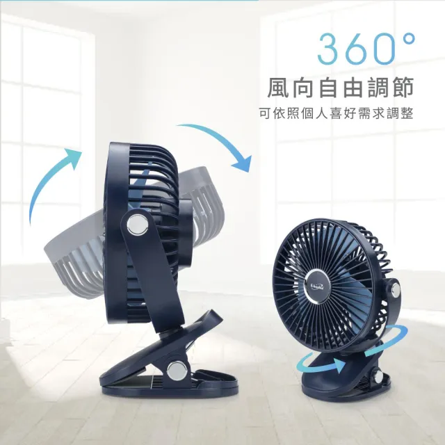 【E-books】5段風速360度旋轉充電夾式風扇(內建1200mAh鋰電池/可帶上飛機/嬰兒車/桌面)