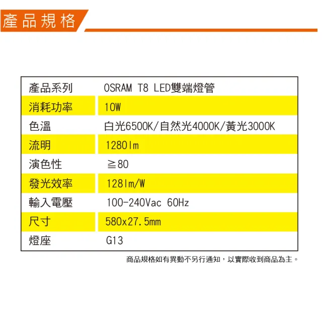 【Osram 歐司朗】LED T8 2尺 10W 燈管 白光 黃光 自然光 25入組(LED T8  全電壓)