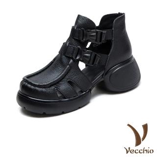 【Vecchio】真皮涼鞋 厚底涼鞋 羅馬涼鞋/真皮頭層牛皮復古縷空皮帶扣設計鬆糕厚底羅馬涼鞋(黑)