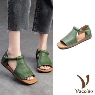 【Vecchio】真皮涼鞋 平底涼鞋/真皮頭層牛皮舒適寬楦復古平底涼鞋(綠)