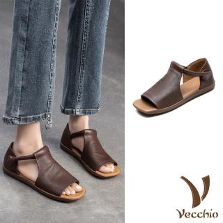 【Vecchio】真皮涼鞋 平底涼鞋/真皮頭層牛皮舒適寬楦復古平底涼鞋(棕)