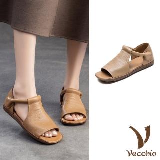 【Vecchio】真皮涼鞋 平底涼鞋/真皮頭層牛皮舒適寬楦復古平底涼鞋(杏)