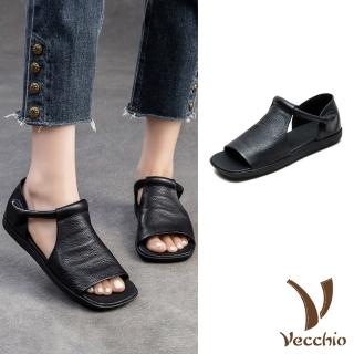 【Vecchio】真皮涼鞋 平底涼鞋/真皮頭層牛皮舒適寬楦復古平底涼鞋(黑)