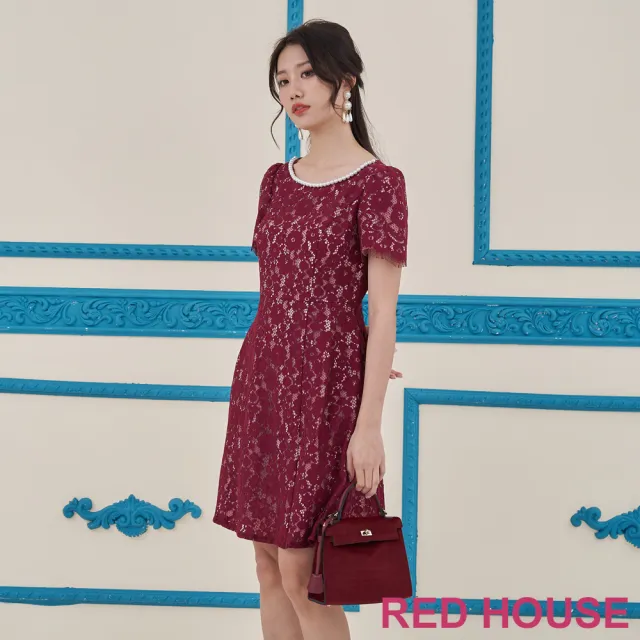 【RED HOUSE 蕾赫斯】氣質珍珠領花朵蕾絲洋裝(紅色)