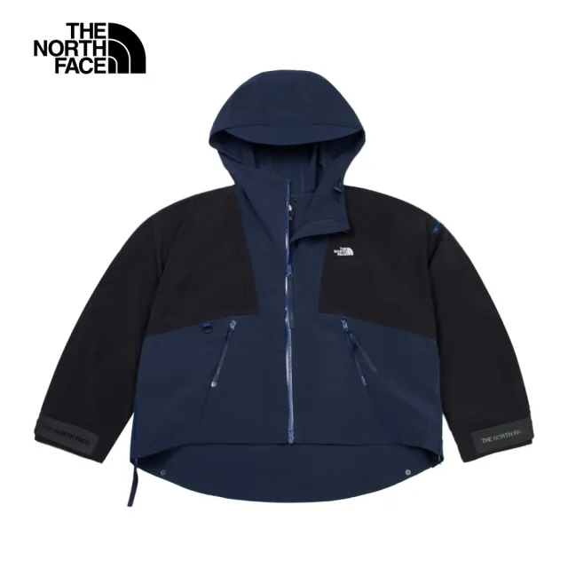 【The North Face】北面UE女款藍黑拼接防風防潑水可收腰連帽外套｜8A7E92A