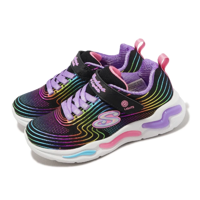 SKECHERS 童鞋 S Lights-Wavy Beams 黑 彩虹 魔鬼氈 燈鞋 發光 中童 小朋友(302338-LBKMT)