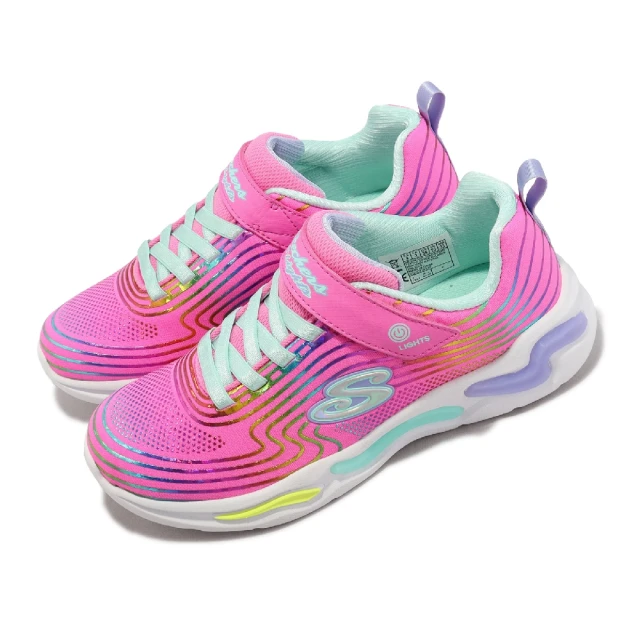 SKECHERS 童鞋 S Lights-Wavy Beams 中童 燈鞋 粉紅 彩虹 閃燈 發光 魔鬼氈 運動鞋(302338-LPKMT)