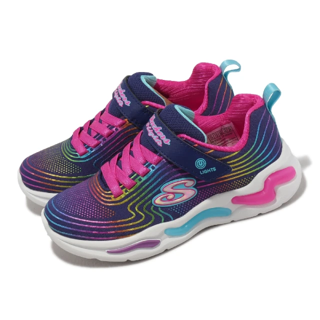 SKECHERS 童鞋 S Lights-Wavy Beams 藍 彩虹 魔鬼氈 燈鞋 發光 中童 小朋友(302338-LNVMT)