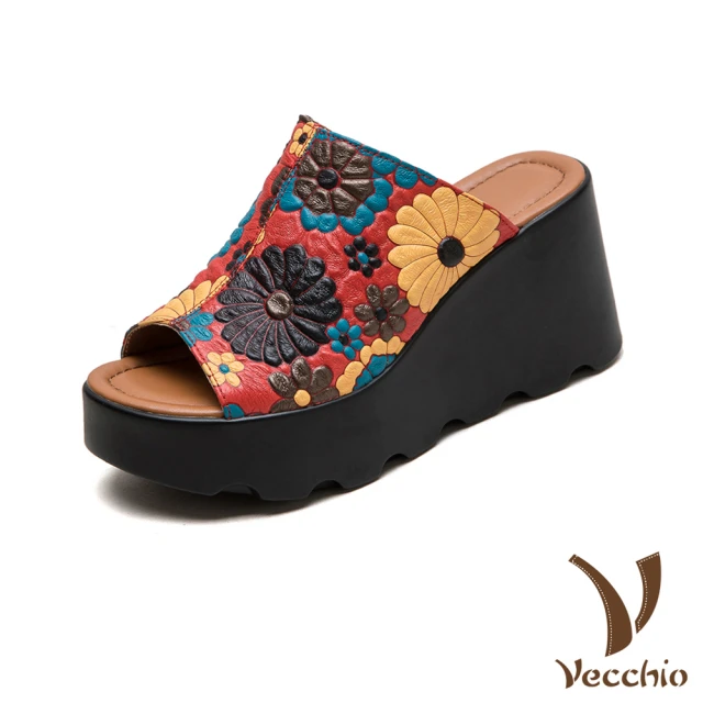 Vecchio 真皮拖鞋 厚底拖鞋 坡跟拖鞋/真皮頭層牛皮立體彩色花朵手工皮雕鬆糕厚底坡跟拖鞋(紅)