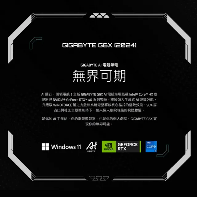【GIGABYTE 技嘉】16吋i7 RTX4060 電競筆電(G6X 9KG-43TW865SH/i7-13650HX/32G/1T+1TB/W11)