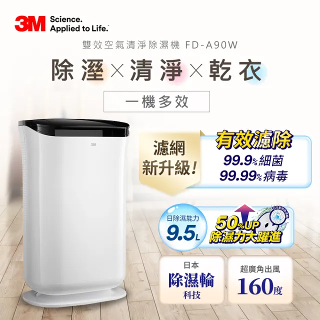 【3M】日本除濕輪科技9.5L雙效空氣清淨除濕機 FD-A90W(可清淨/除濕/乾衣)