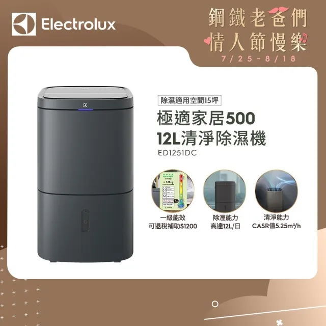 【Electrolux 伊萊克斯】12L 極適家居500清淨除濕機 除濕適用空間15坪(ED1251DC 曜岩灰)