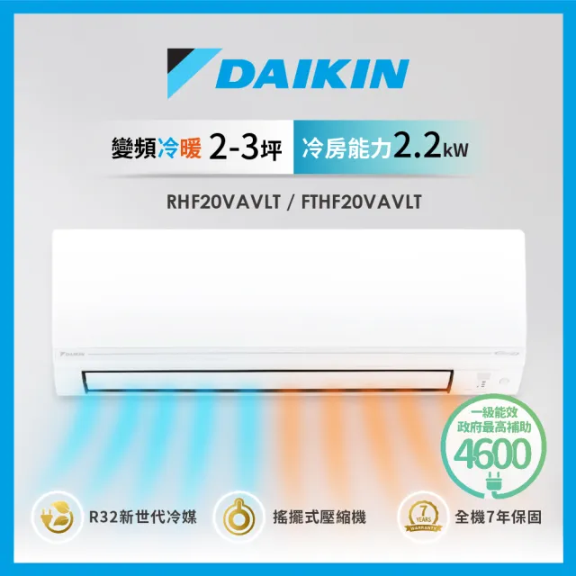 【DAIKIN 大金】2-3坪經典V型變頻冷暖分離式冷氣(RHF20VAVLT/FTHF20VAVLT)