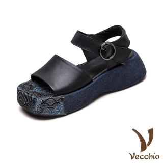【Vecchio】真皮涼鞋 厚底涼鞋/真皮頭層牛皮典雅刺繡拼接舒適寬楦厚底涼鞋(黑)
