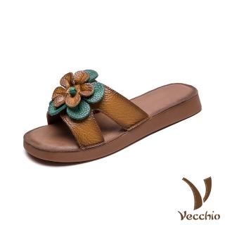 【Vecchio】真皮拖鞋 平底拖鞋/真皮頭層牛皮復古立體花朵造型平底拖鞋(黃)