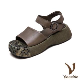 【Vecchio】真皮涼鞋 厚底涼鞋/真皮頭層牛皮典雅刺繡拼接舒適寬楦厚底涼鞋(卡其)