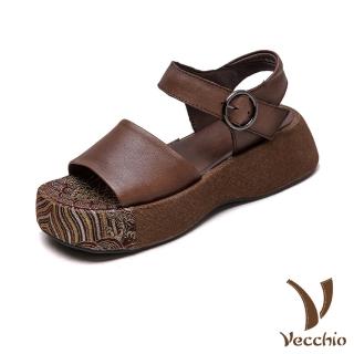 【Vecchio】真皮涼鞋 厚底涼鞋/真皮頭層牛皮典雅刺繡拼接舒適寬楦厚底涼鞋(咖)