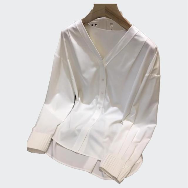 【巴黎精品】現貨+預購 襯衫長袖上衣(竹纖維壓褶V領寬鬆女裝a1ge50)