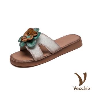 【Vecchio】真皮拖鞋 平底拖鞋/真皮頭層牛皮復古立體花朵造型平底拖鞋(米)