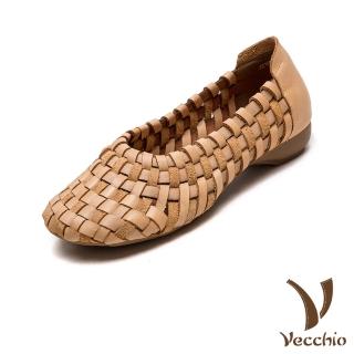 【Vecchio】真皮跟鞋 低跟跟鞋/全真皮頭層牛皮復古手工編織設計低跟鞋(卡其)