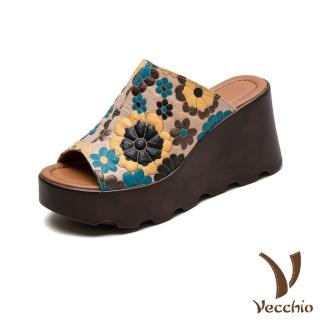 【Vecchio】真皮拖鞋 厚底拖鞋 坡跟拖鞋/真皮頭層牛皮立體彩色花朵手工皮雕鬆糕厚底坡跟拖鞋(杏)
