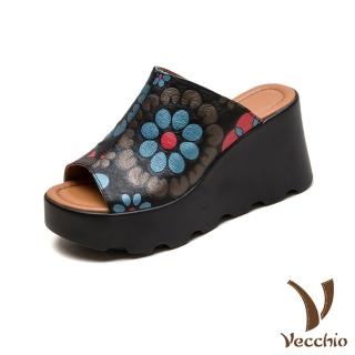 【Vecchio】真皮拖鞋 厚底拖鞋 坡跟拖鞋/真皮頭層牛皮立體彩色花朵手工皮雕鬆糕厚底坡跟拖鞋(黑)