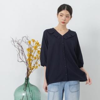 【MOSS CLUB】荷葉褶V領泡泡袖七分袖襯衫(藍 白)