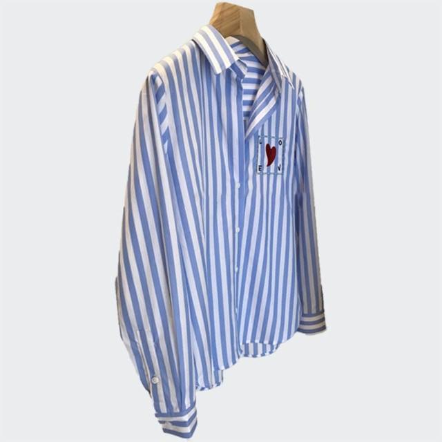 【巴黎精品】現貨+預購 襯衫長袖上衣(藍白條紋愛心刺繡女裝a1ge21)