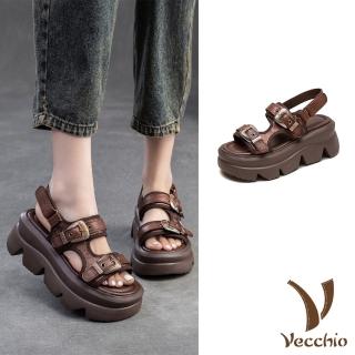 【Vecchio】真皮涼鞋 厚底涼鞋/真皮頭層牛皮復古金屬釦飾鬆糕厚底休閒涼鞋(棕)