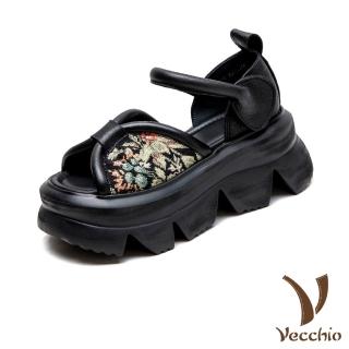 【Vecchio】真皮涼鞋 厚底涼鞋/真皮頭層牛皮復古民族風繡花布拼接鬆糕厚底涼鞋(黑)