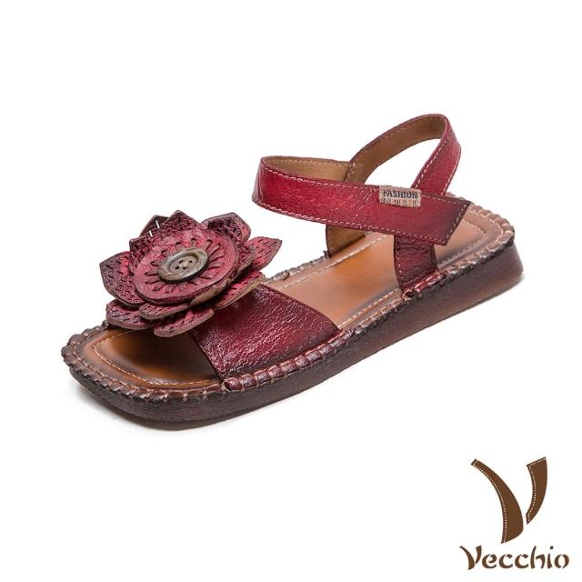 Vecchio 真皮涼鞋 方頭涼鞋 平底涼鞋 真皮頭層牛皮立體太陽花朵舒適方頭平底涼鞋 紅