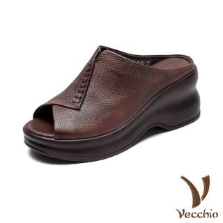 【Vecchio】真皮拖鞋 厚底拖鞋/真皮頭層牛皮復古手工縫線魚口露趾坡跟厚底拖鞋(咖)
