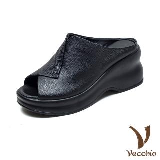 【Vecchio】真皮拖鞋 厚底拖鞋/真皮頭層牛皮復古手工縫線魚口露趾坡跟厚底拖鞋(黑)
