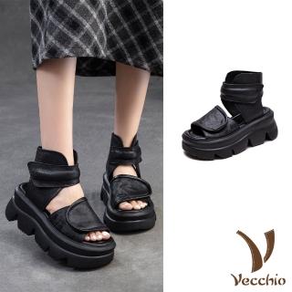【Vecchio】真皮涼鞋 厚底涼鞋/真皮頭層牛皮中國風刺繡拼接魔鬼粘鬆糕厚底涼鞋(黑)