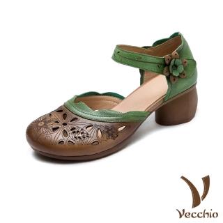 【Vecchio】真皮拖鞋 粗跟涼鞋/真皮頭層牛皮縷空花朵小圓頭包頭粗跟涼鞋(棕)