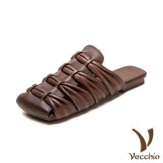 【Vecchio】真皮拖鞋 低跟拖鞋 方頭拖鞋/真皮頭層牛皮復古方頭縷空編織舒適低跟拖鞋(咖)