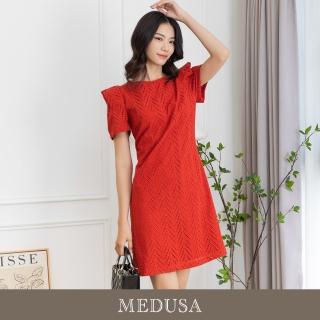 【MEDUSA 曼度莎】現貨-橘紅闊肩燒花禮服洋裝（M-XL）｜小禮服 燒花洋裝 短洋裝(301-71306)
