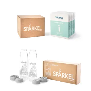 【加拿大 Sparkel】舒沛可 免鋼瓶萬用電動氣泡水機氣泡粉90入+專用750ml飲料瓶2入(耗材豪華組)