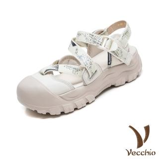 【Vecchio】真皮涼鞋 厚底涼鞋/真皮頭層牛皮彩印織帶護趾包頭厚底涼鞋(米)