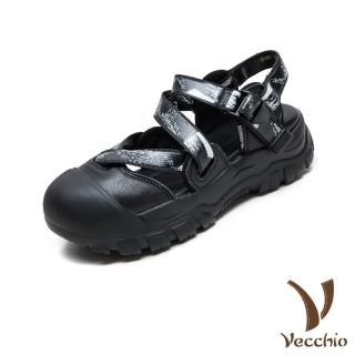 【Vecchio】真皮涼鞋 厚底涼鞋/真皮頭層牛皮彩印織帶護趾包頭厚底涼鞋(黑)