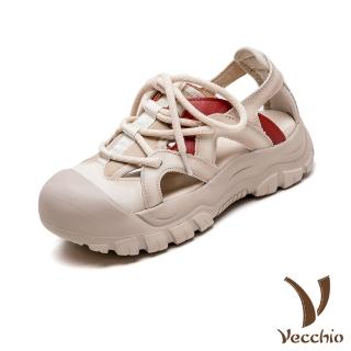 【Vecchio】真皮涼鞋 厚底涼鞋/真皮頭層牛皮縷空繫帶運動風厚底涼鞋(紅)