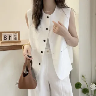 【MsMore】白色百搭不規則麻感馬甲短版時尚背心外套#122662(白)