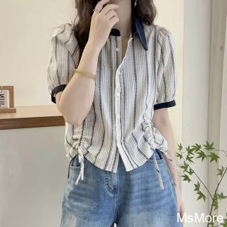 【MsMore】豎條紋撞色翻領棉麻感襯衫時尚雙抽繩短版上衣#122658(條紋)