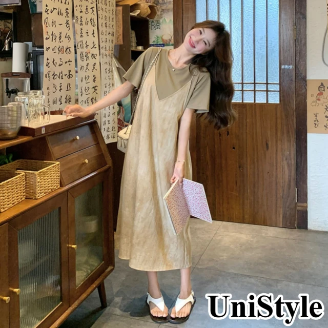 UniStyle 假兩件娃娃領長袖襯衫拼接百褶裙襬洋裝 女 