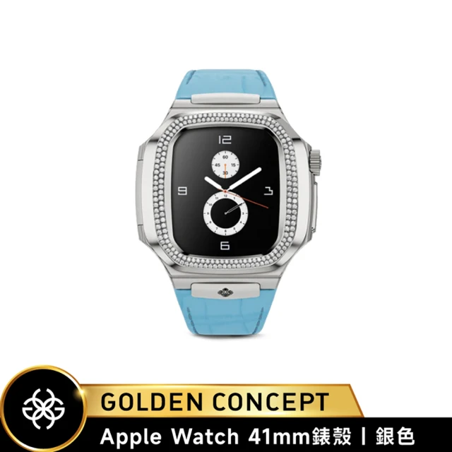 Golden Concept Apple Watch 41mm 保護殼 ROLMD41 銀錶殼/藍皮革錶帶(鑲嵌莫桑石寶石)