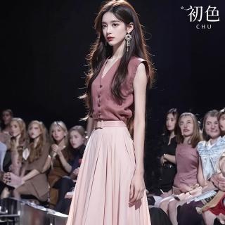 【初色】V領無袖排釦背心女上衣+純色寬鬆A字裙長裙半身裙套裝-粉紅色-35901(M-XL可選)