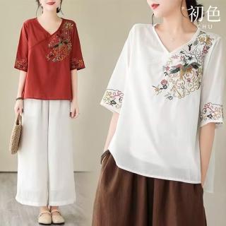【初色】民族風刺繡純色寬鬆短袖襯衫V領上衣女上衣-共4色-35950(M-3XL可選)