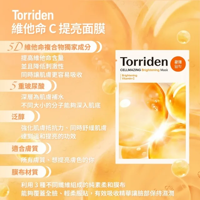 【Torriden】面膜 10片*2入組(共20片) 袋裝/盒裝隨機出貨(積雪草面膜 玻尿酸面膜 保濕面膜 維他命提亮面膜)