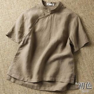 【初色】純色棉麻風立領短袖T恤上衣短款改良式旗袍女上衣-共3色-35936(M-3XL可選)