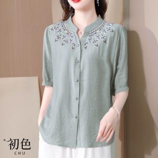 【初色】復古文藝棉麻風圖騰刺繡開領五分袖短袖襯衫上衣女上衣-共4色-35952(M-4XL可選)
